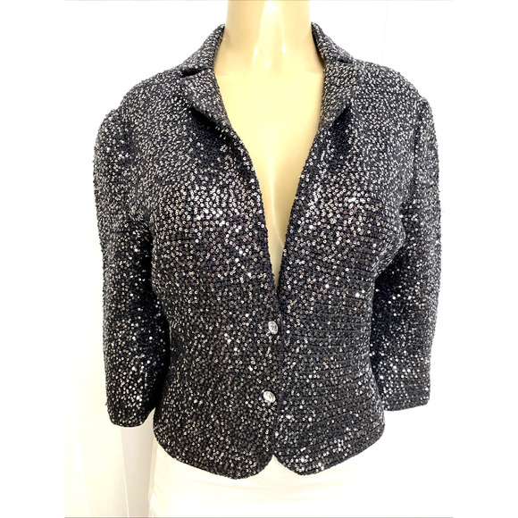 IISLI Tiffany Fuller Jacket Sequin Gray Metallic Two Button 3/4 Sleeve Knit 8 - Picture 1 of 10
